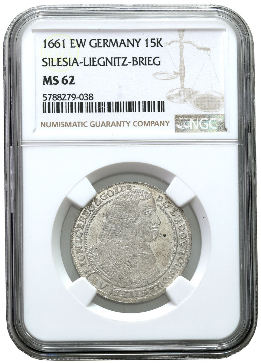 Śląsk, Księstwo Legnicko-Brzesko-Wołowskie. Ludwik IV Legnicki (1653-1663). 15 krajcarów 1661, Brzeg NGC MS62 (MAX)